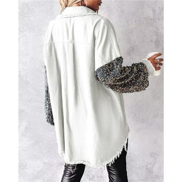 Sequin Patchwork Oversized Denim Shacket Long Sleeve Button Up Jacket Women - Picture 2 of 7